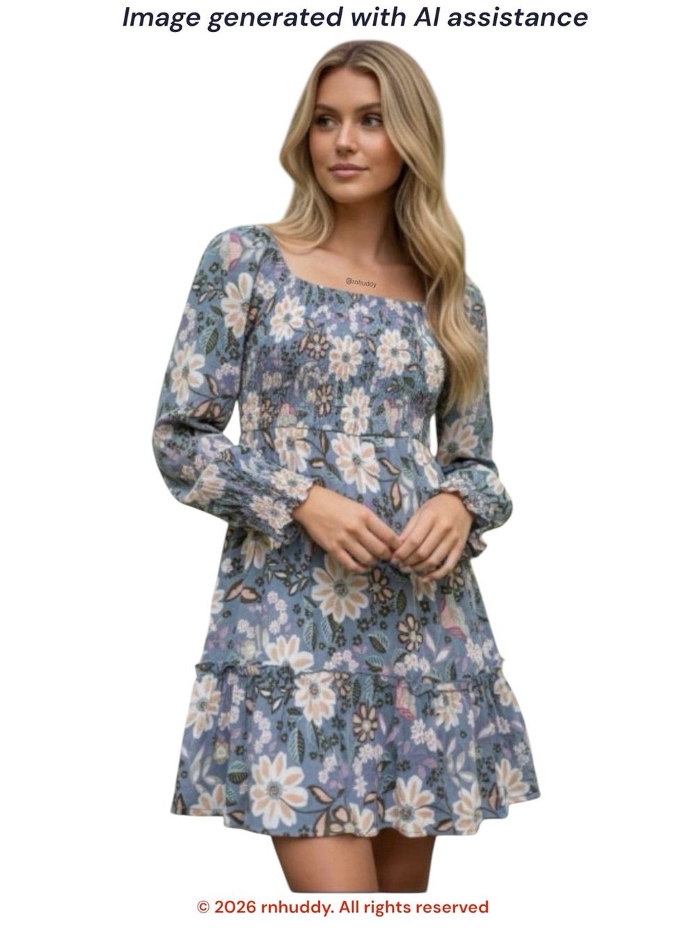 Promesa S blue floral smocked long sleeve dress